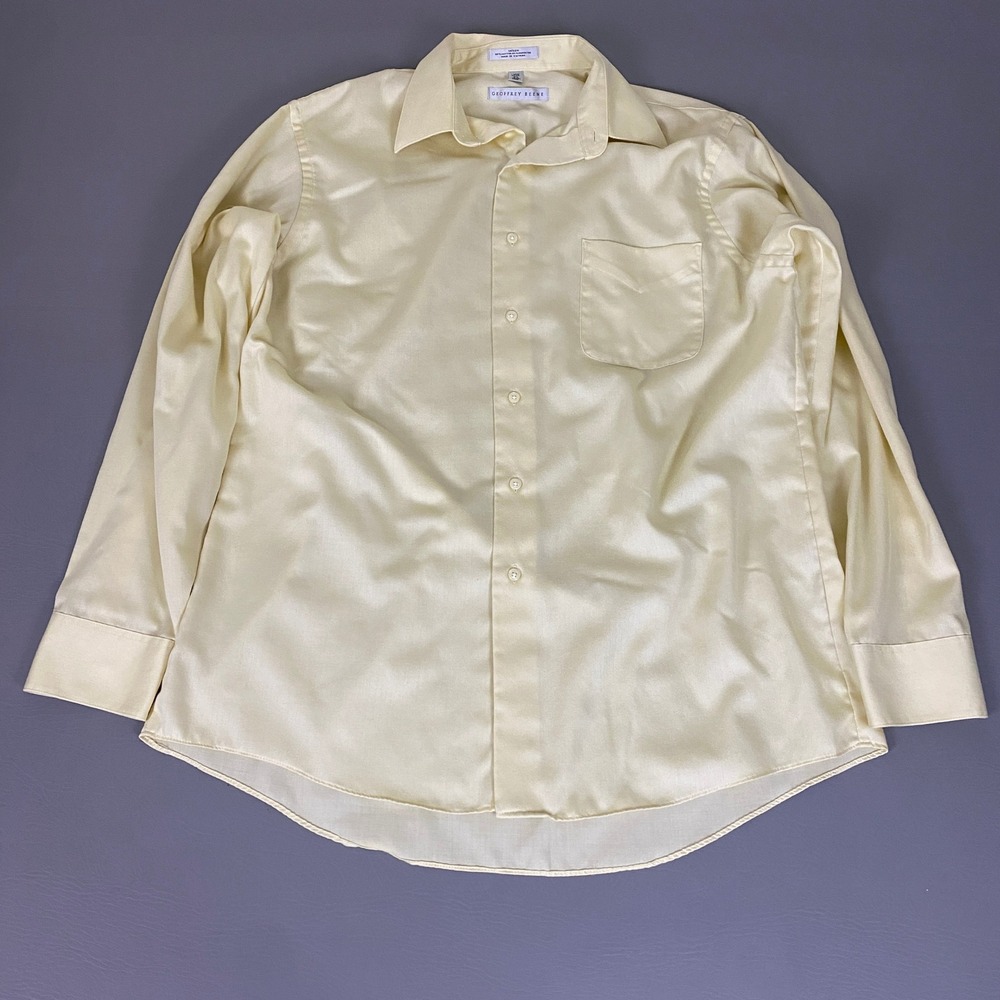 Geoffrey Beene Sateen Dress Shirt Men Size 16.5 34/35 L Pale Yellow Wrinkle Free